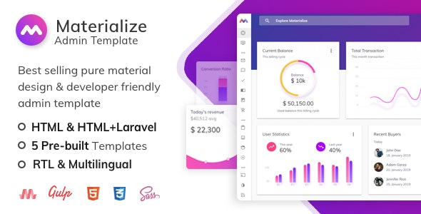 Materialize v13.11.1 – HTML 和 Laravel 材料设计管理模板